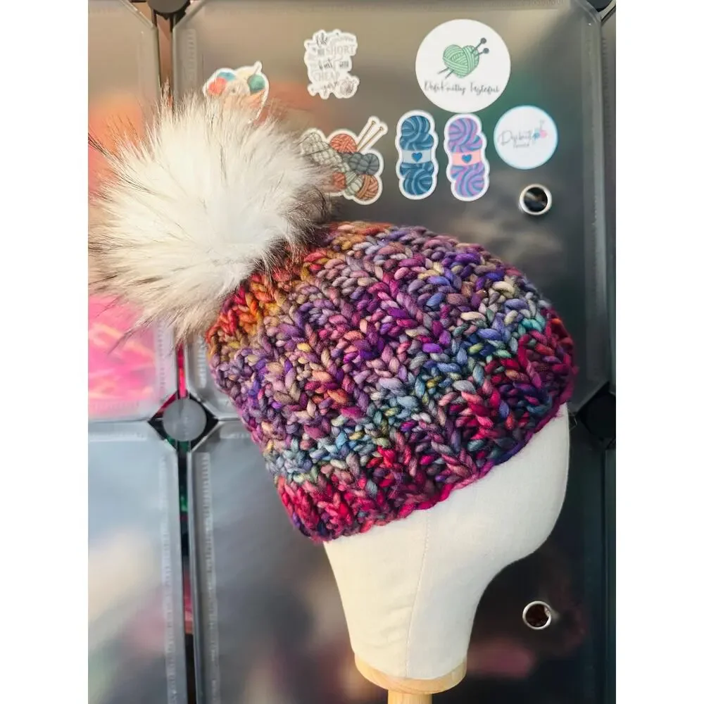 Hand Knit Scrappy Merino Wool Beanie: DefiKnitly Tasteful Knit Hat with Faux Fur